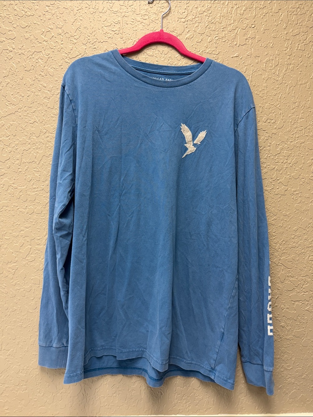 American Eagle Outfitters Men's Large Blue Long-Sleeve Tee with Chest Eagle Logo